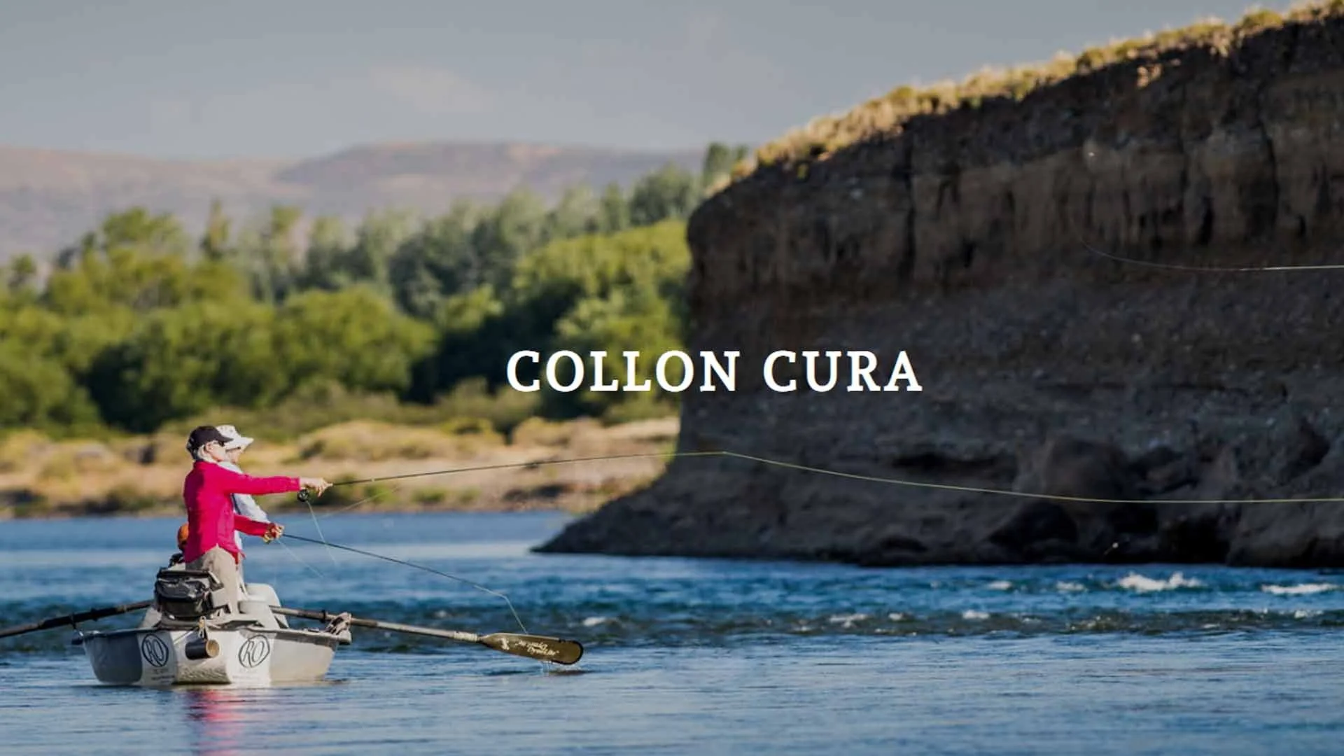 “Anglers casting for trout from a drift boat on the Collon Cura River in Patagonia during a Three Rivers fishing trip with Chocolate Lab Expeditions.”