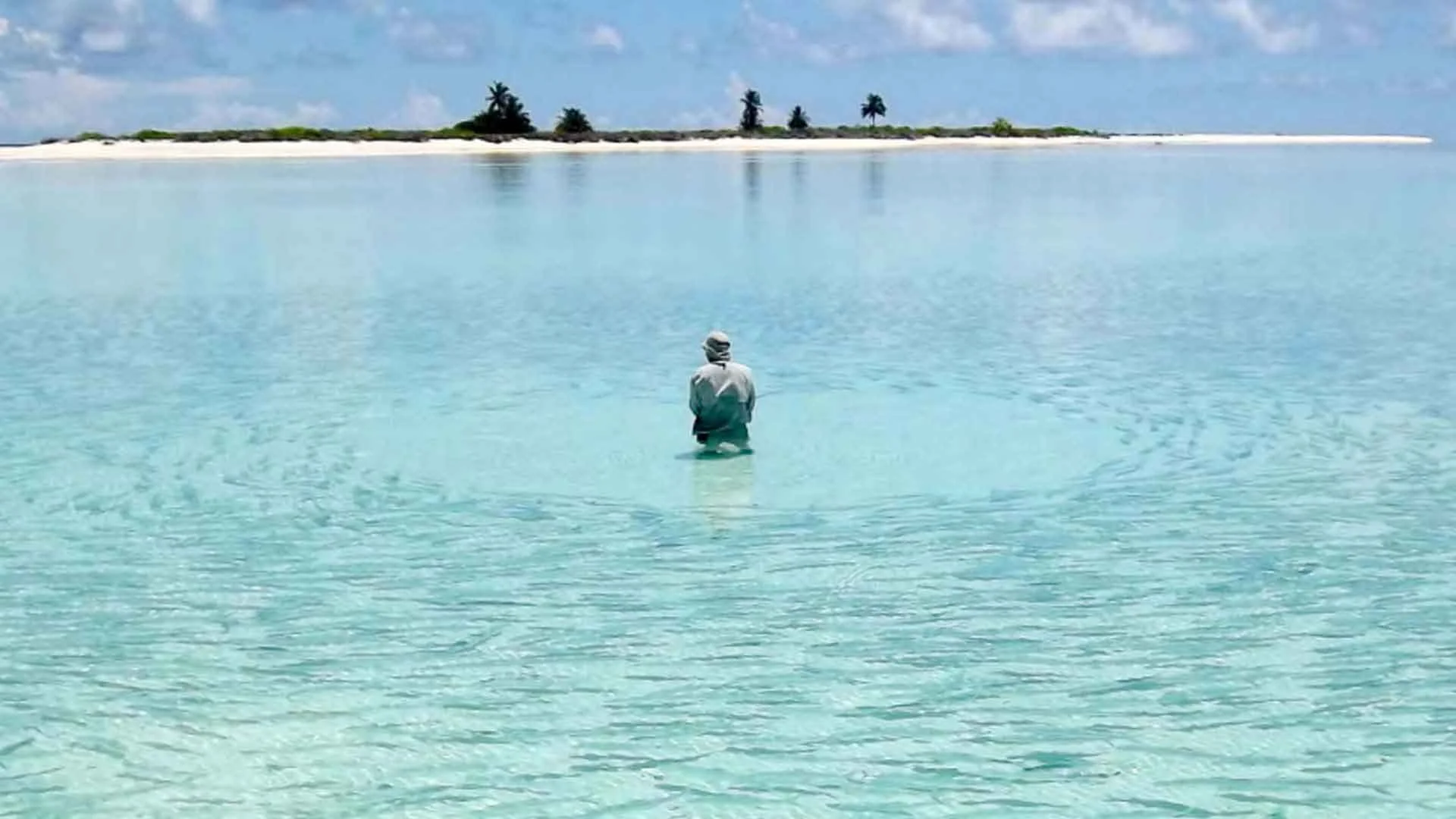 Angler standing on a clear sandy flat at Farquhar Atoll, Seychelles, surrounded by a large school of bonefish in crystal-clear waters.