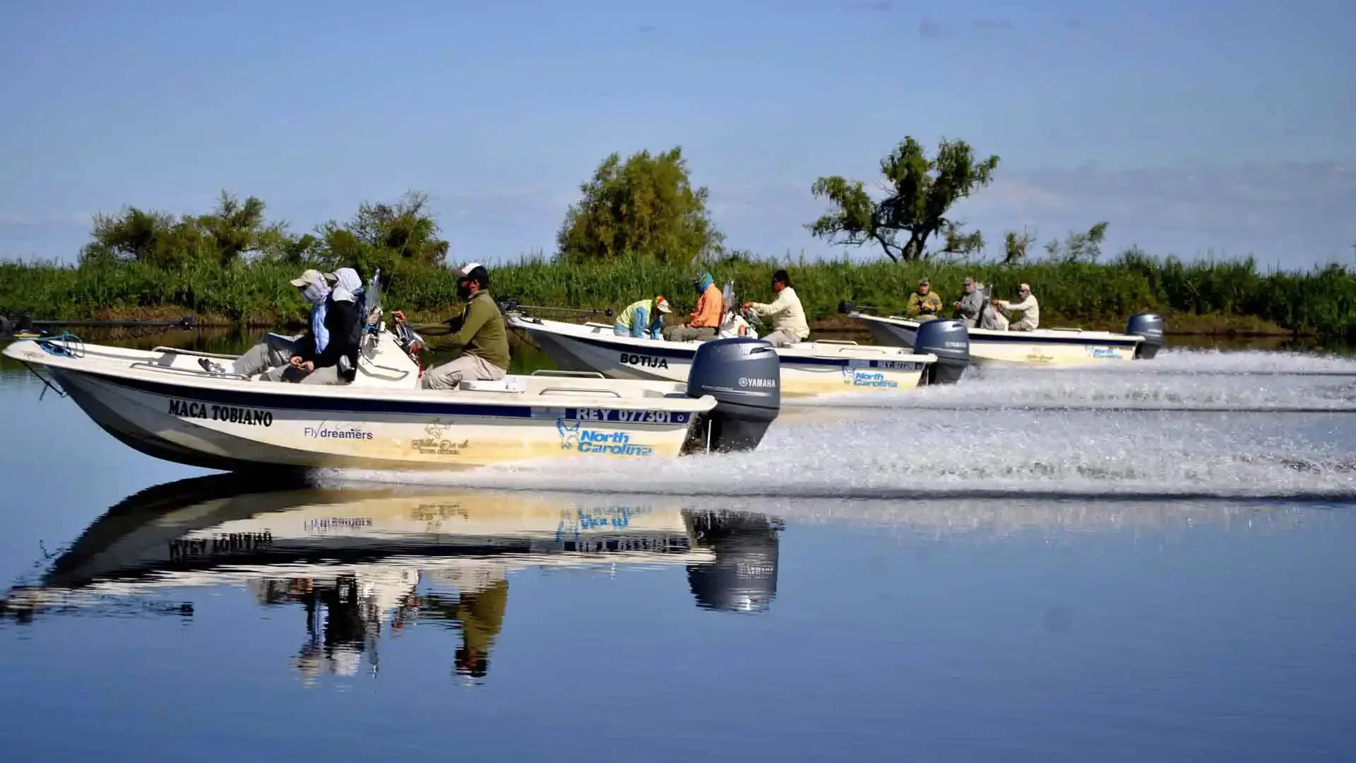 Four boats with multiple passengers racing on a calm river, with green trees and bushes in the background, and their reflections visible on the water.