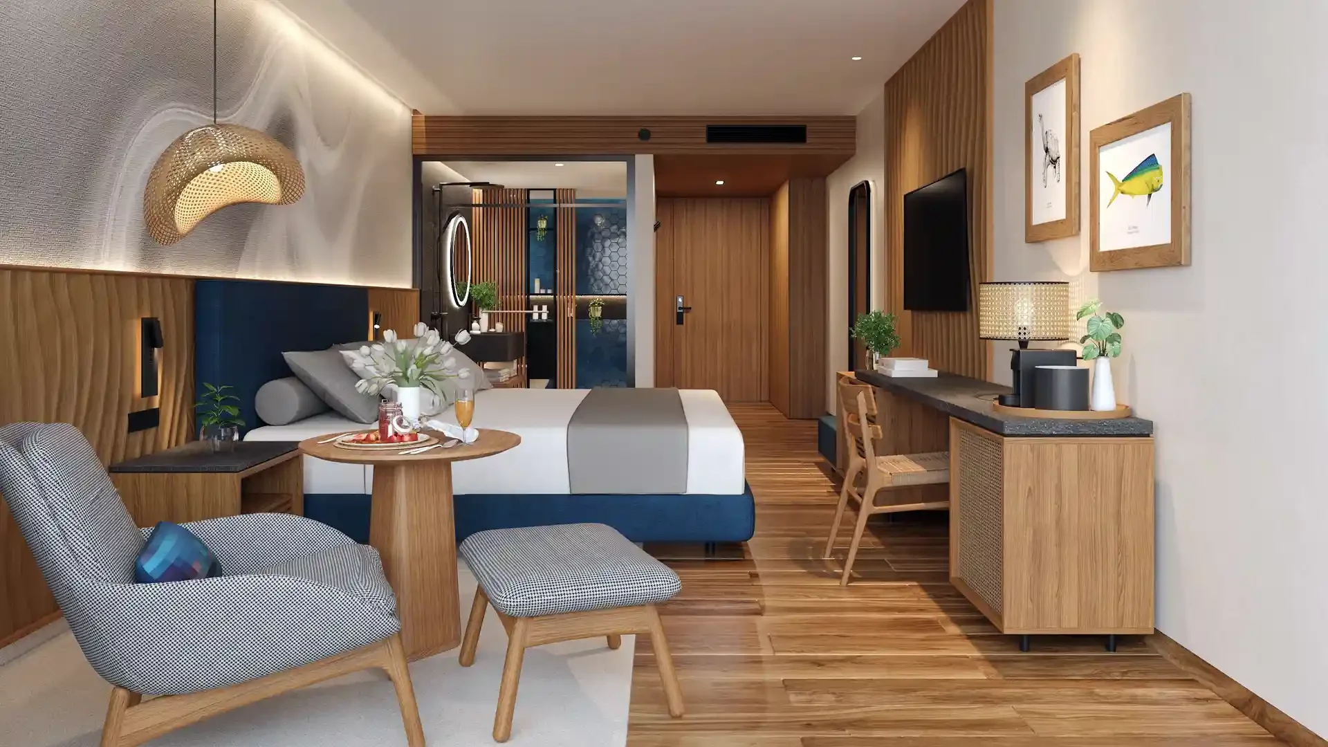 Luxurious hotel room with a comfortable bed, sitting area, and desk, featuring a Mahi-Mahi fish artwork, ideal for Galapagos Islands marlin fishing trips.