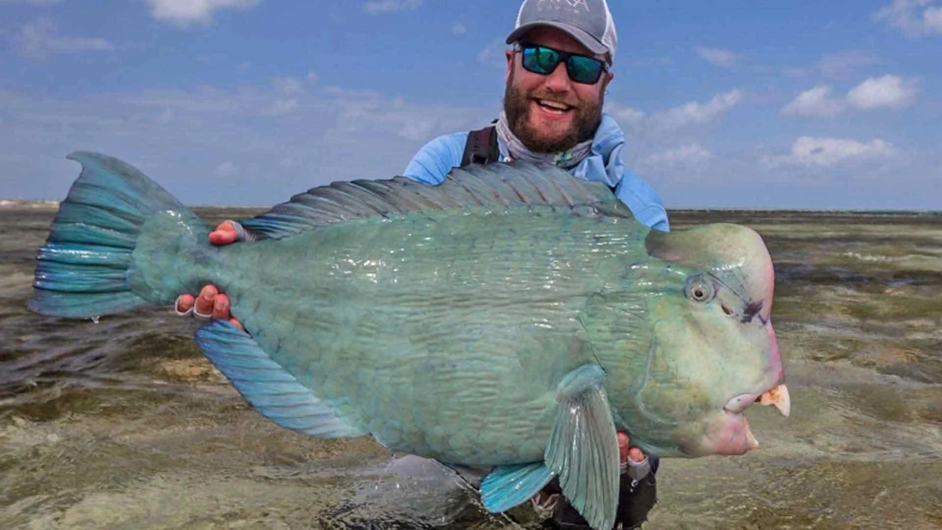 Happy angler holding a vibrant bumphead parrotfish on Farquhar Atoll, Seychelles, showcasing the island’s rich saltwater fish species.