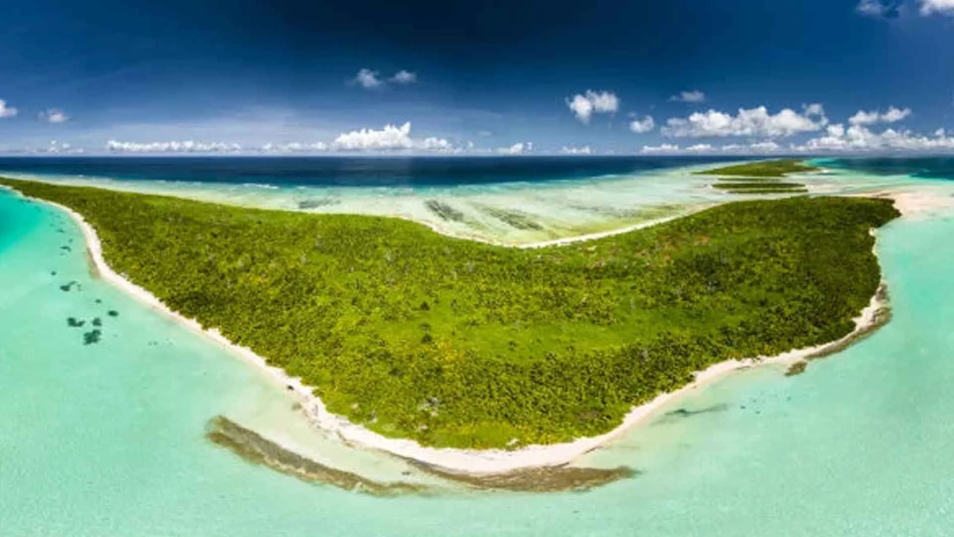 Aerial view of Farquhar Atoll in the Seychelles, showing green mangroves, crystal-clear sandy flats, and turquoise waters of the Indian Ocean.