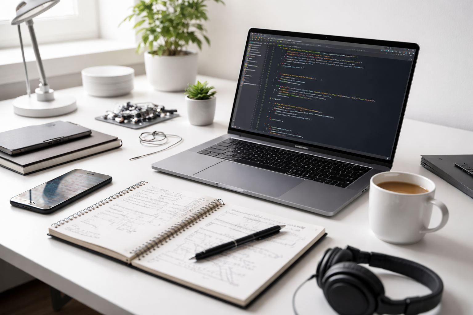 A modern workspace with a laptop displaying code, a notebook with handwritten notes, a smartphone, a cup of coffee, headphones, pens, notebooks, a desk lamp, potted plants, and some jewelry on a white desk.