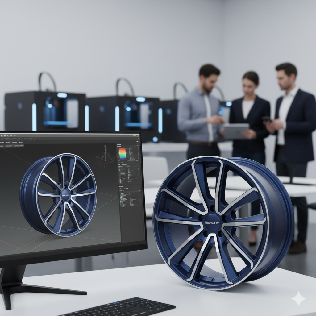 Une modélisation 3D d'une jante de roue en bleu sur un écran d'ordinateur dans un laboratoire d'ingénierie, avec trois personnes en arrière-plan discutant, près de machines de fabrication.