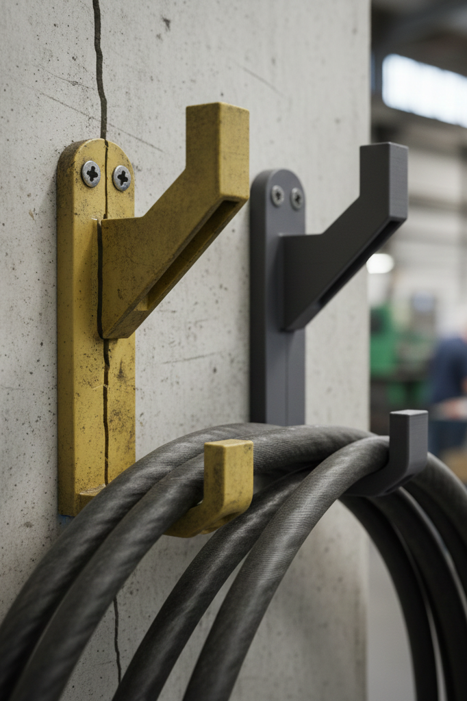 Crochets muraux de différentes couleurs fixés à un mur en béton, avec des câbles passants dans le crochet jaune en premier plan.