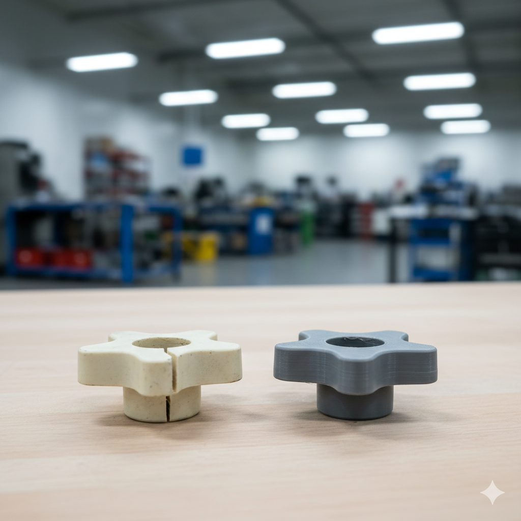 Deux pièces en plastique, une blanche et une grise, posées sur une surface en bois dans un atelier ou un laboratoire. En arrière-plan, un espace industriel flou avec des étagères et des éclairages au plafond.