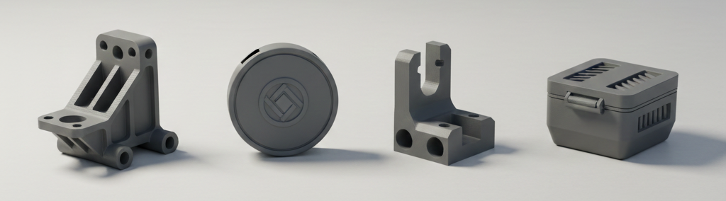 Quatre pièces en plastique gris alignées sur une surface blanche.