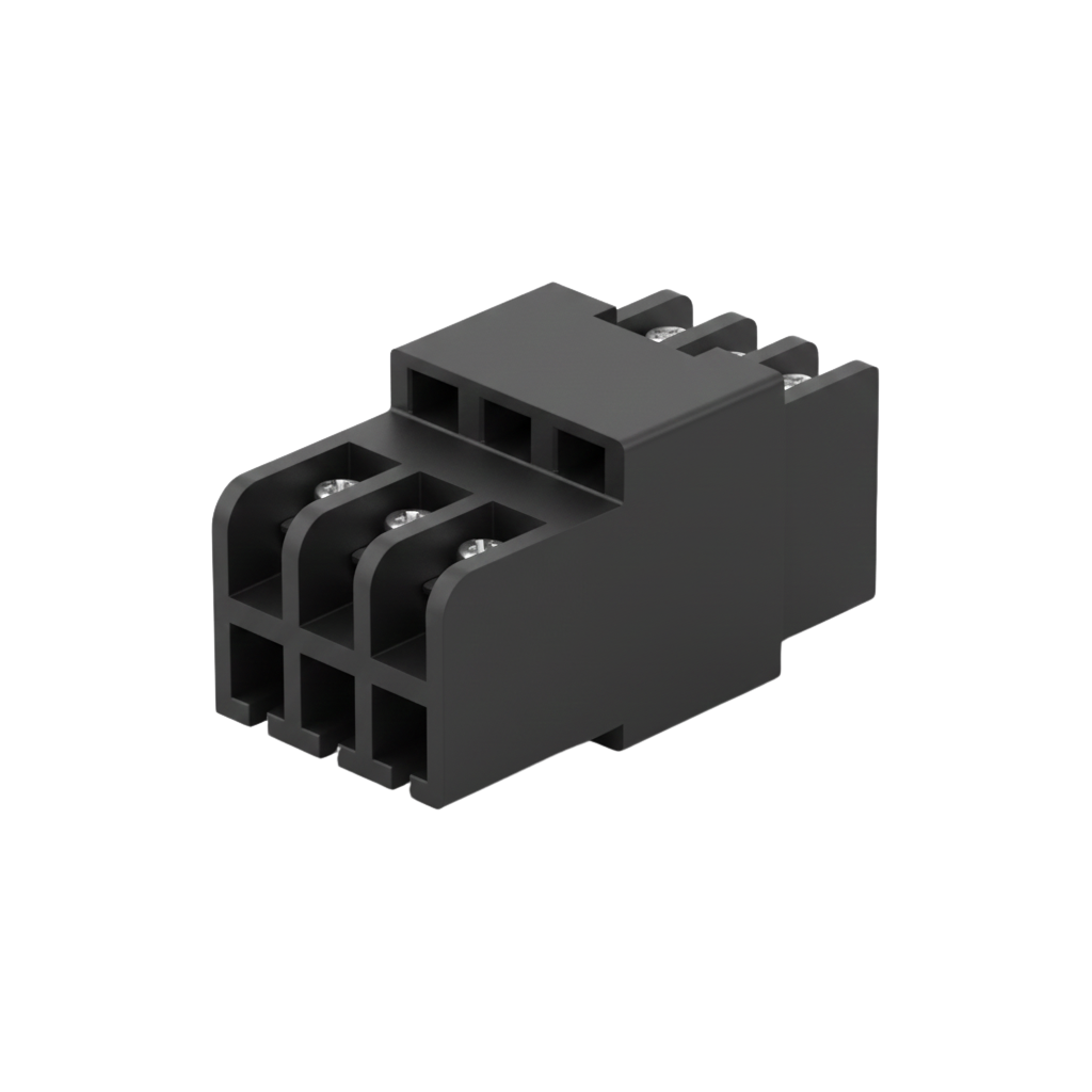 Connecteur électrique noir avec six bornes visibles en plastique