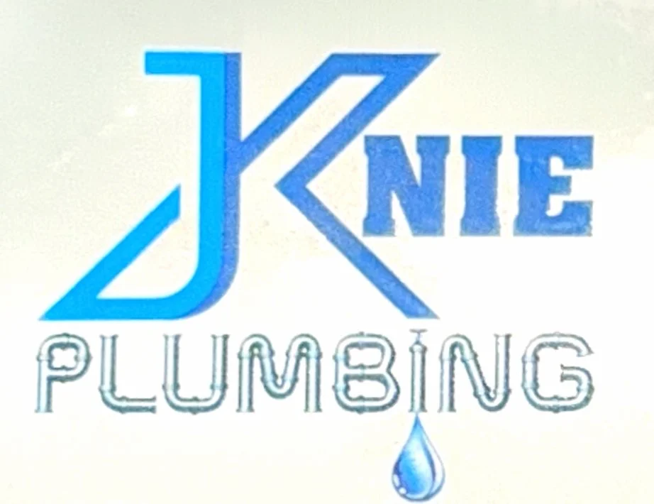 Logo for J Knie Plumbing featuring the company name with a blue water droplet underneath.