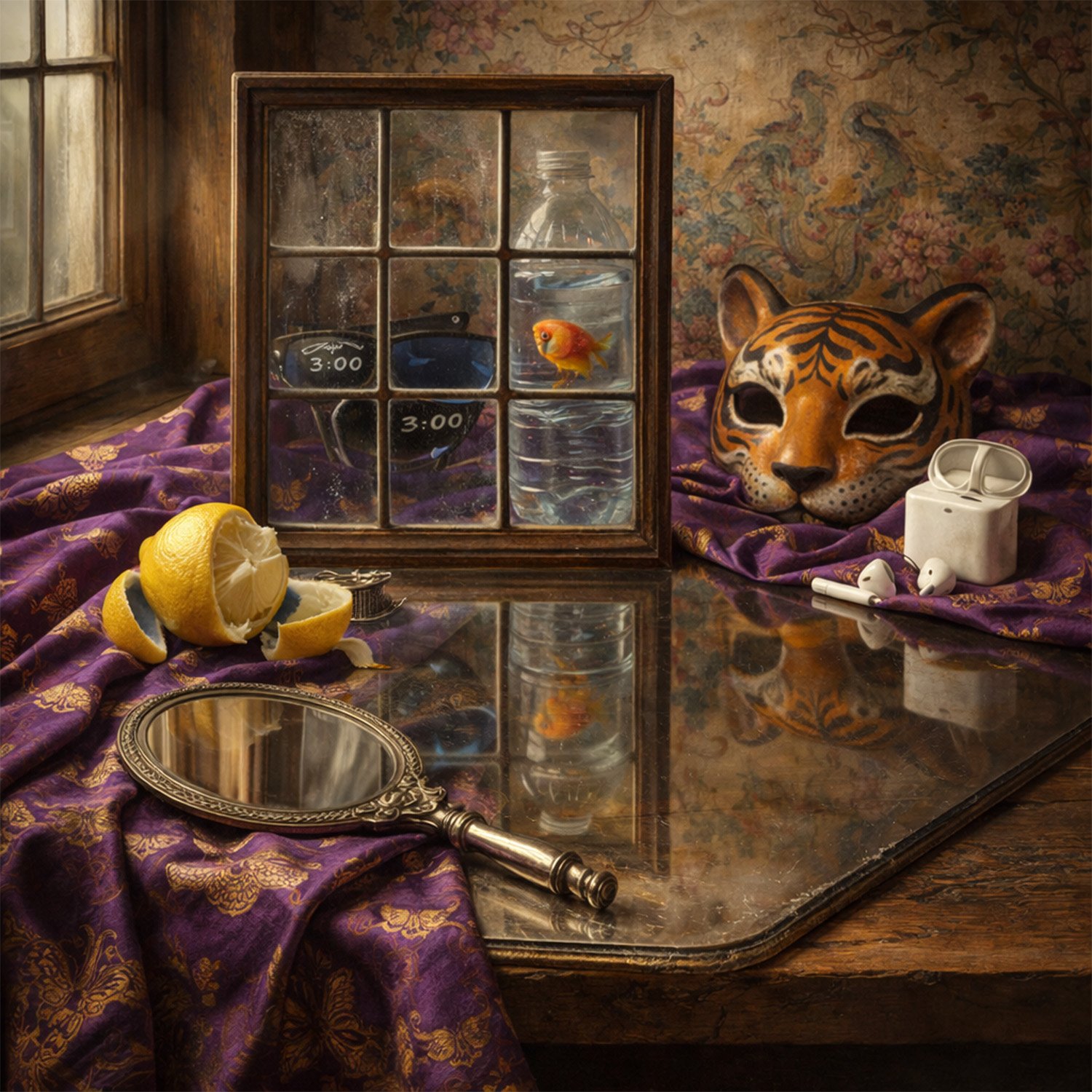 Reflections at Three in the Morning reinterprets the vanitas tradition through glass and reflection, symbols of fragile perception. 