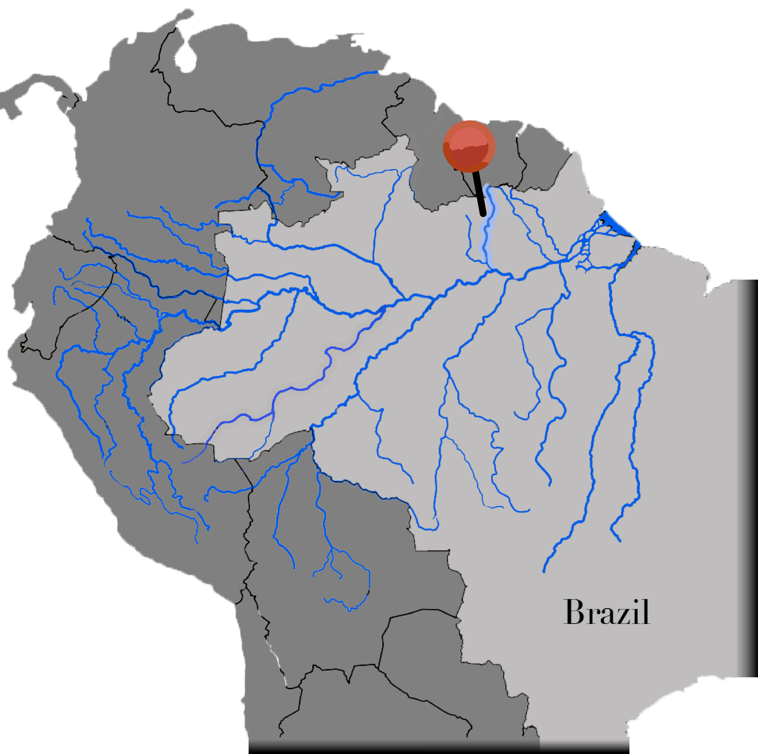 Map of Brazil highlighting the Amazon River basin and a location marked with a red pin.