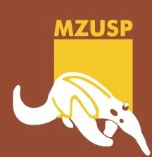 Silhouette of an anteater with the text MZUSP above it on a brown background.