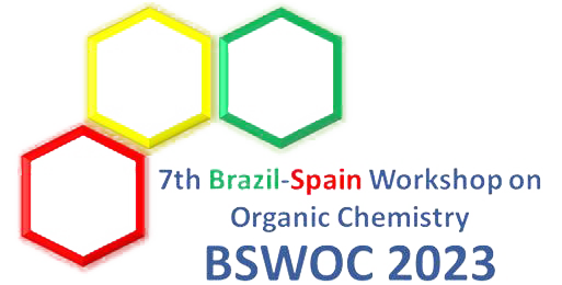Logo for the 7th Brazil-Spain Workshop on Organic Chemistry (BSWOC 2023) with interconnected chemical hexagons in red, yellow, and green.