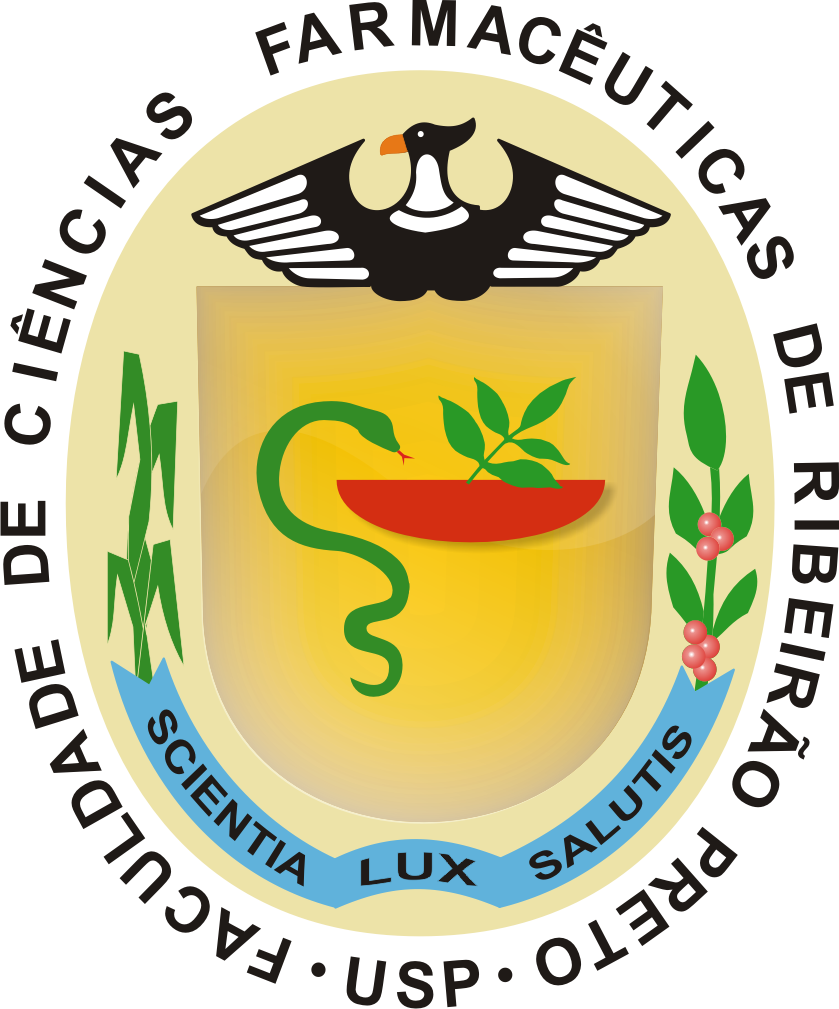 Emblem of Faculdade de Ciências Farmacêuticas de Ribeirão Preto, featuring a shield with a snake, dish, and leaves. Encircled by text and illustrations of plants, with an eagle at the top.