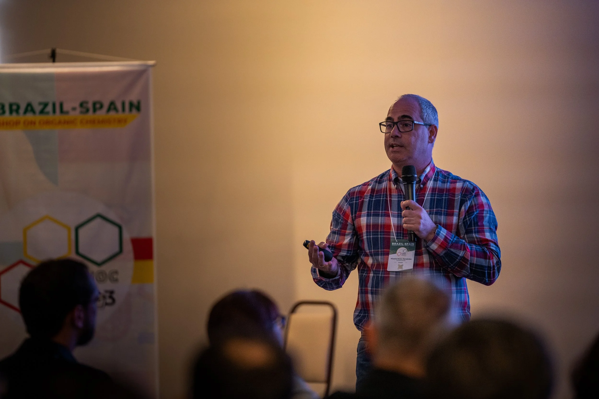 A speaker in a plaid shirt holding a microphone and presenting at the Brazil-Spain workshop on organic chemistry. A banner is partially visible in the background, and an audience is in the foreground.