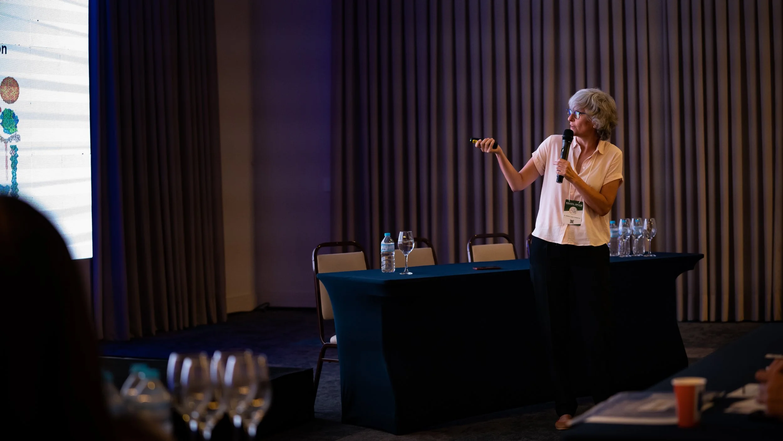 Person giving a presentation in a conference room, holding a microphone and laser pointer next to a table with bottles and glasses.