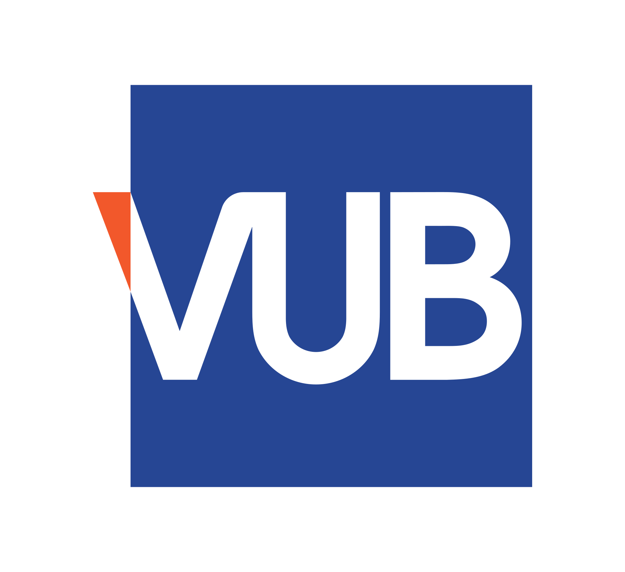 Blue square with "VUB" in white and an orange triangle on the left edge.