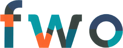 Multicolored letters "fwo" on a yellow background