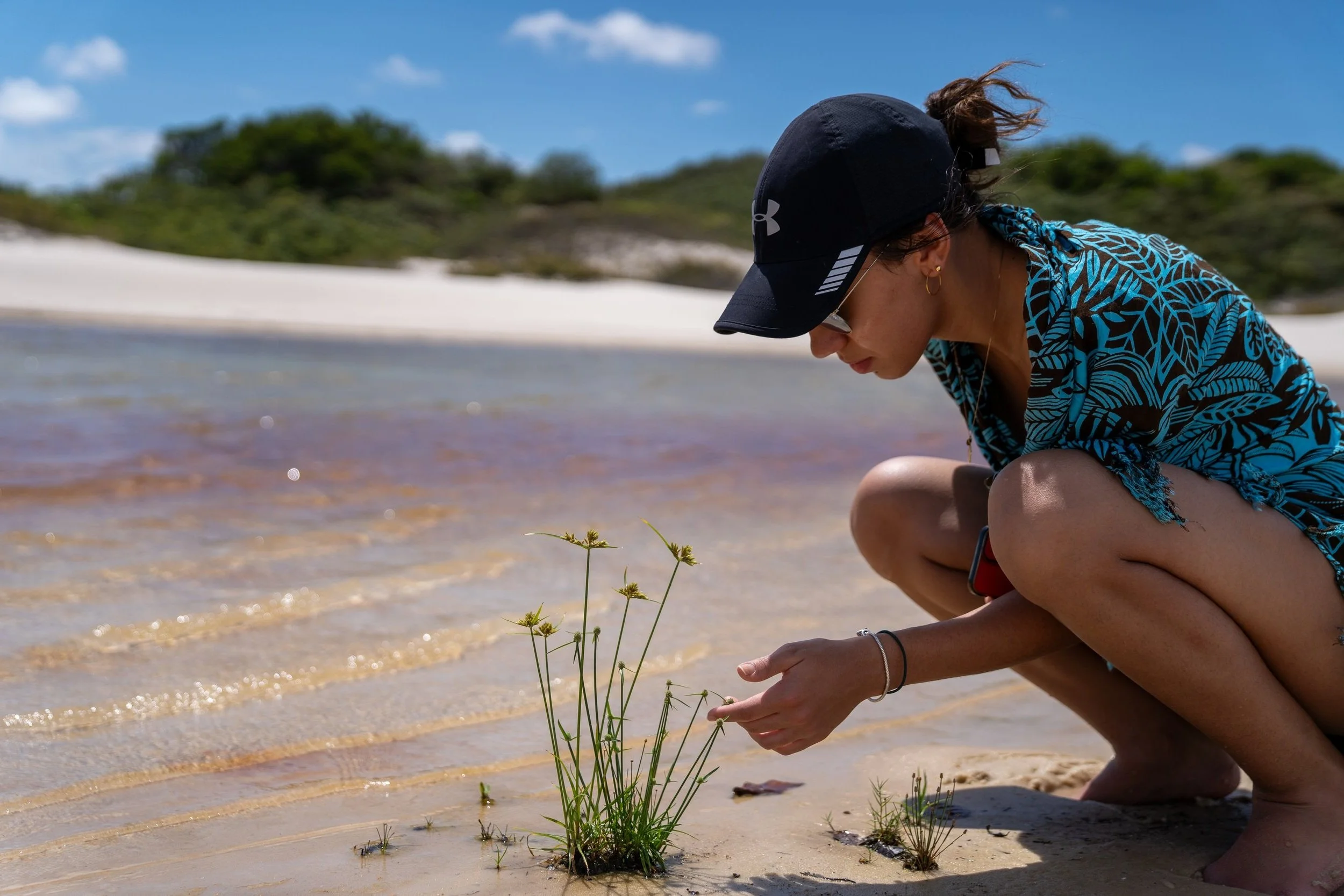 Julia Pinna, a woman in a blue patterned shirt and cap examining plants by a sandy beach with shallow water and greenery in the background.