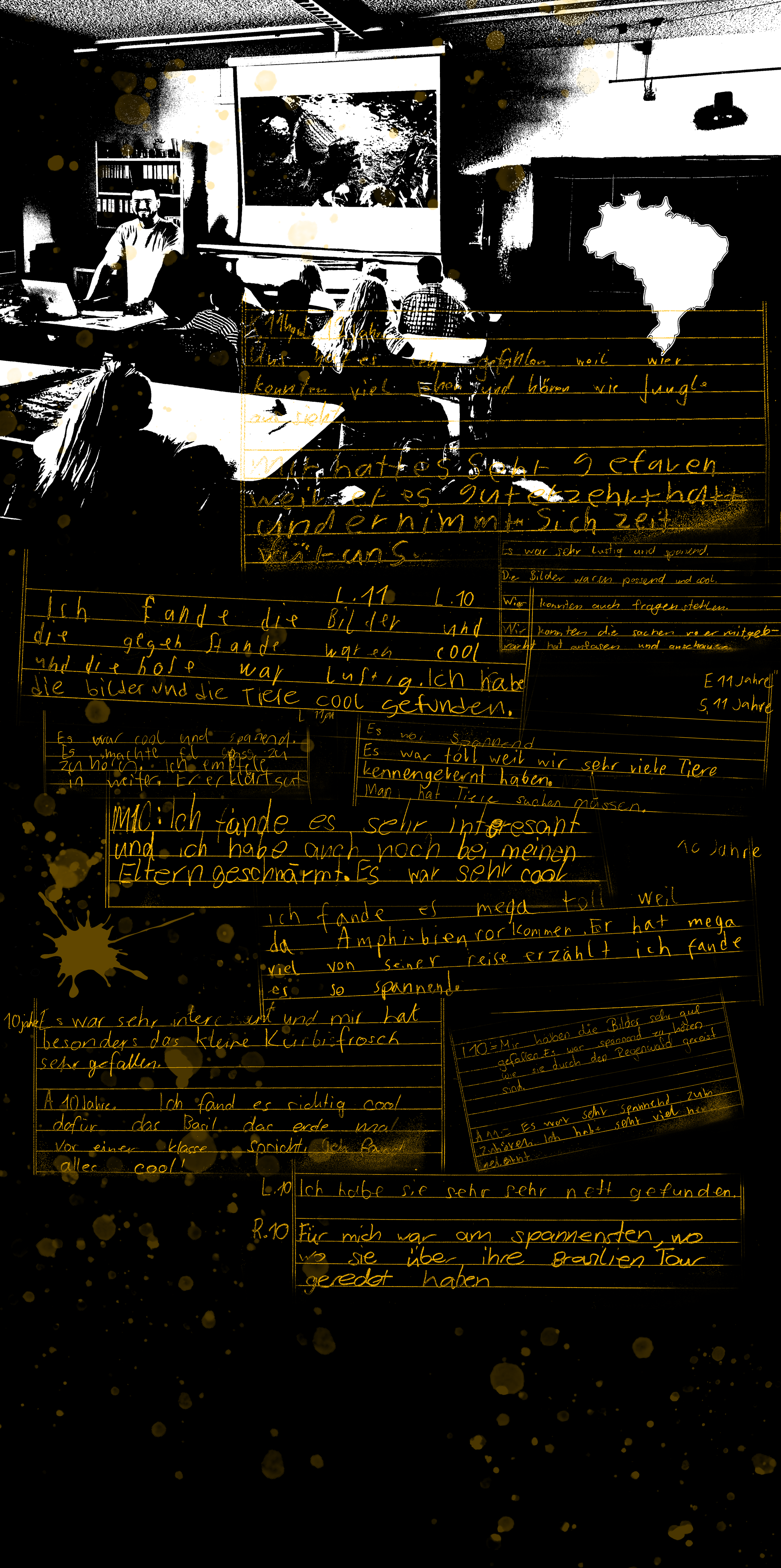 A classroom setting with students sitting at desks and a teacher standing at the front, next to a screen showing a presentation with a person working outdoors. Overlay of handwritten German notes and illustrations on the image, adding a creative and educational theme