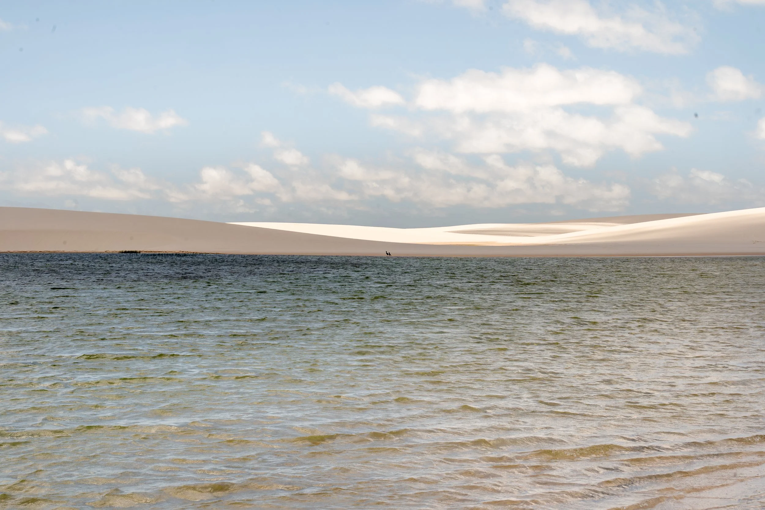 A body of water in the foreground with small waves, sandy dunes in the background, and a partly cloudy sky above.