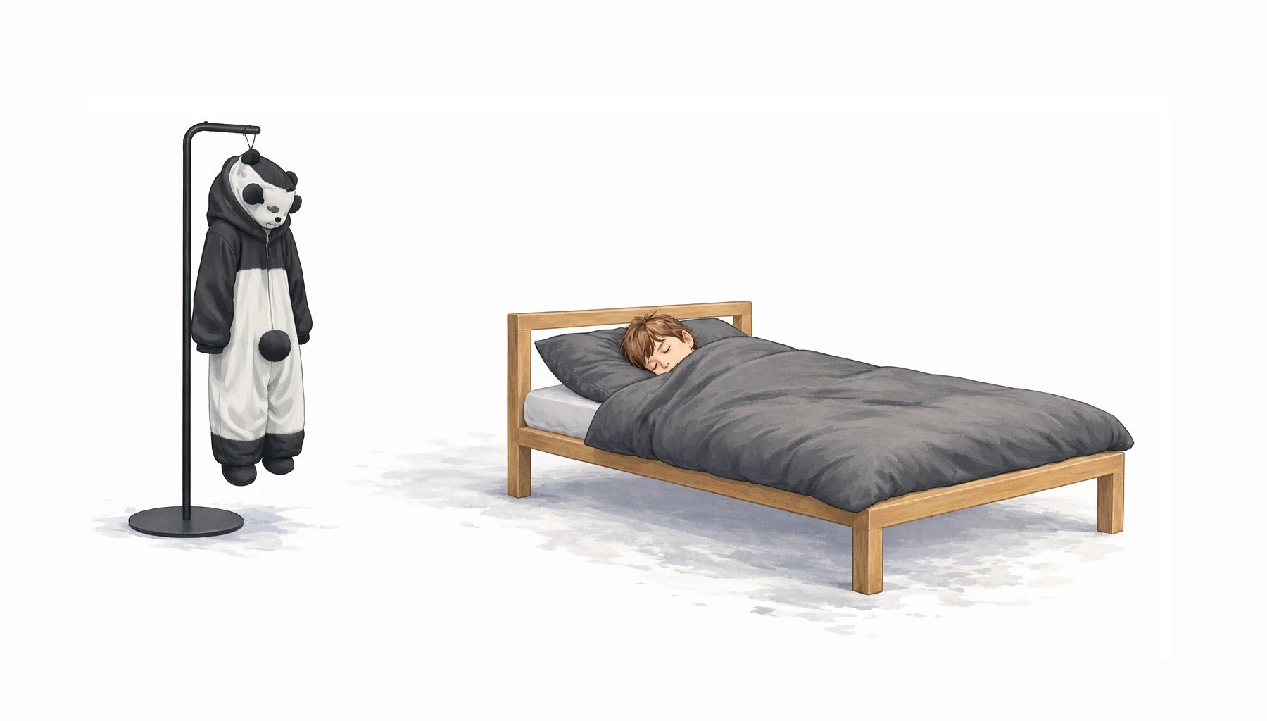 Ein Junge schläft im Bett neben einem Panda-Kostüm, das auf einem Kleiderständer hängt.