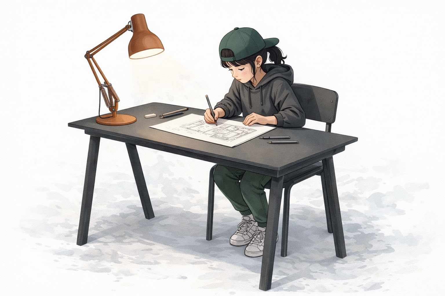 Ein junges Mädchen sitzt an einem schwarzen Schreibtisch und zeichnet auf einem großen Blatt Papier. Es trägt eine grüne Cap, einen grauen Kapuzenpullover, grüne Hosen und weiße Turnschuhe. Auf dem Tisch stehen ein Armlampe, zwei Stifte, ein Radiergummi und ein weiteres Schreibgerät.