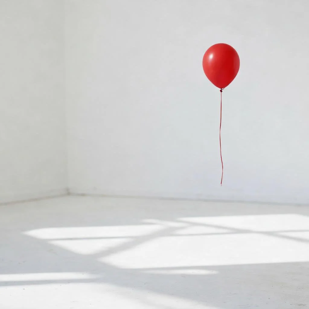 Ein roter Ballon schwebt in einem weißen, leeren Raum mit Schatten an der Wand und auf dem Boden.