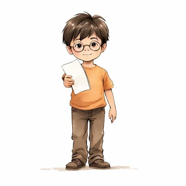 Ein Zeichentrickjunge mit Brille, orangehem Shirt und braunen Hosen hält ein Blatt Papier in der Hand.