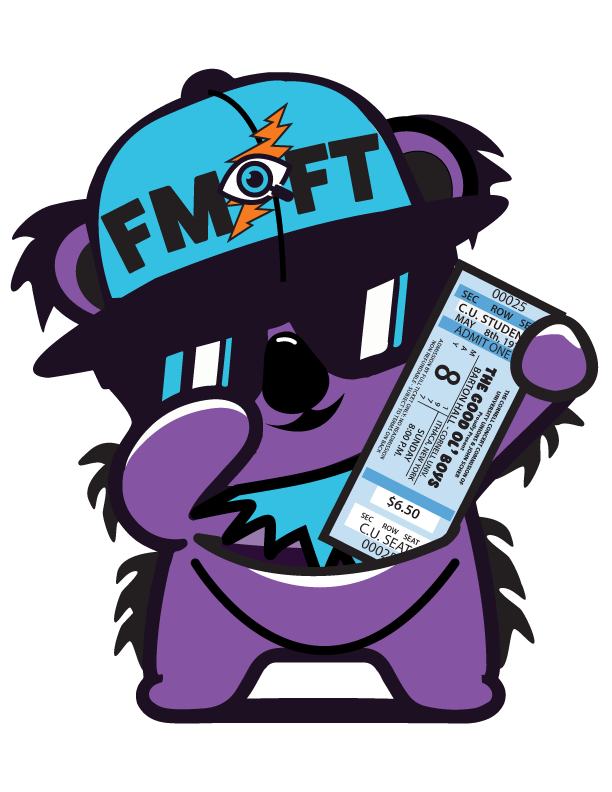 A cartoon purple koala bear holding a concert ticket, wearing a blue phase with 'FMF' written on it and a lightning bolt and eye symbol.