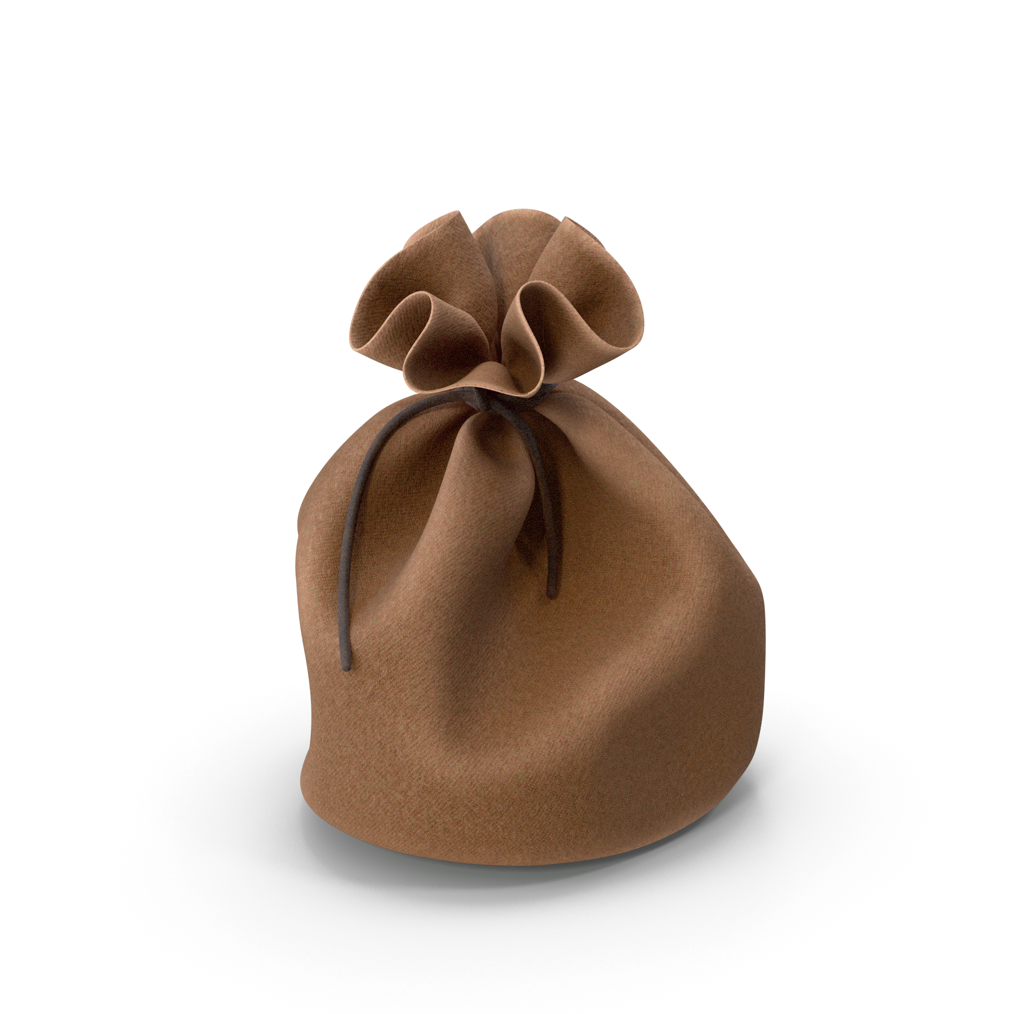 Brown velvet drawstring gift bag with ruffled top, tied with a black string, on a black background.
