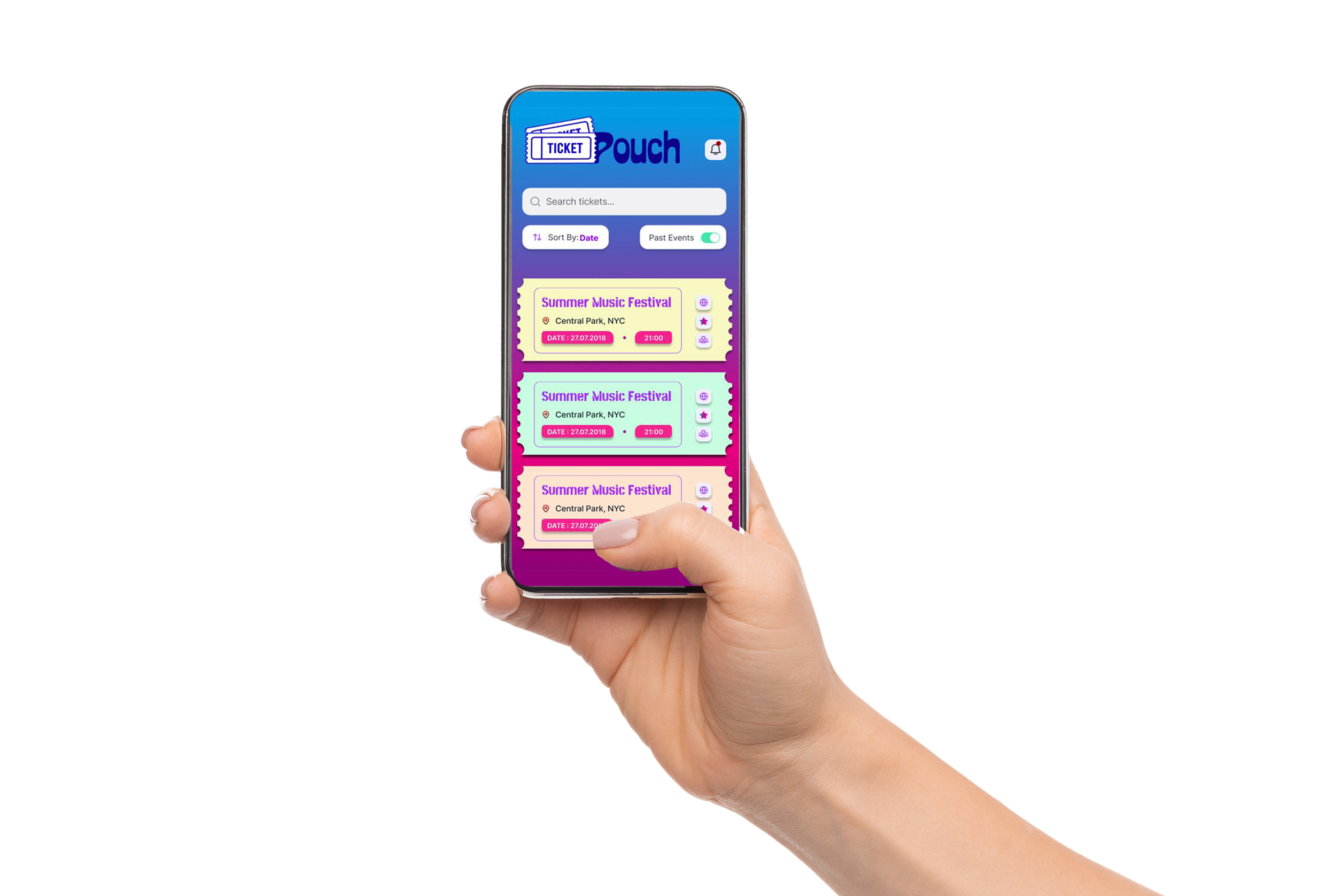A hand holding a smartphone displaying a ticket management app with event tickets for a Summer Music Festival at Central Park, NYC, scheduled for July 27, 2018, at 9:00 PM.