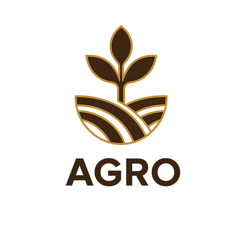 Logo featuring a stylized plant growing from a curved, segmented field, with the word 'AGRO' beneath in bold letters. The design uses brown and gold tones.