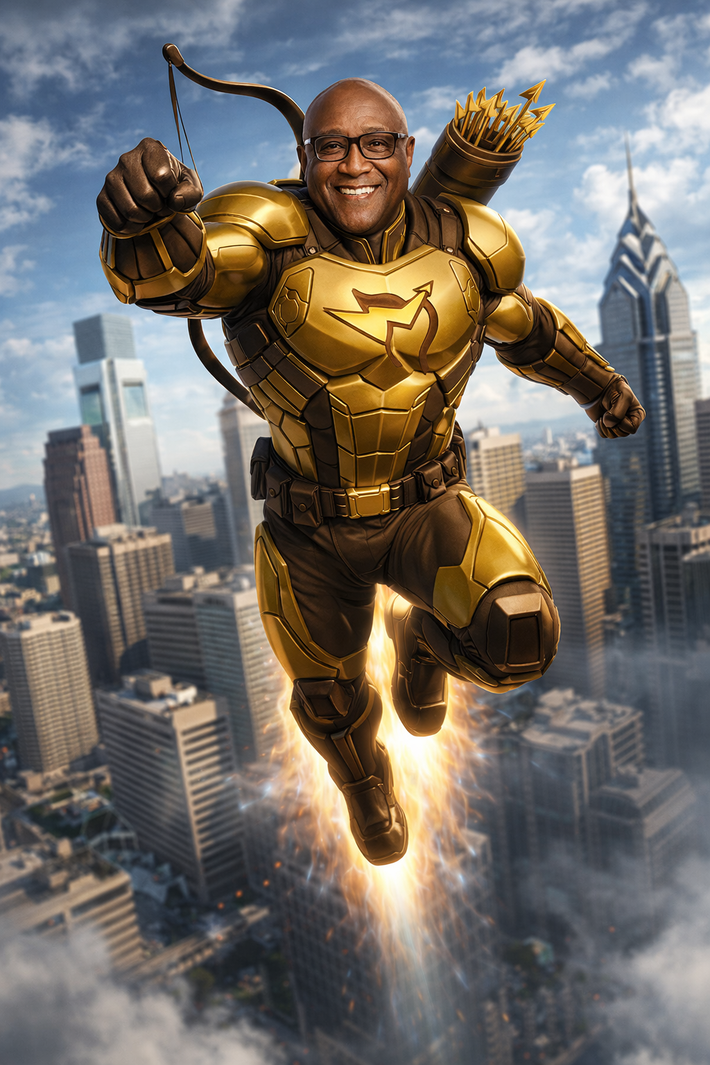 A man with a superhero costume flying over a cityscape, dressed as a character with a bow and arrows on his back, in a dynamic action pose with a bright city skyline in the background.