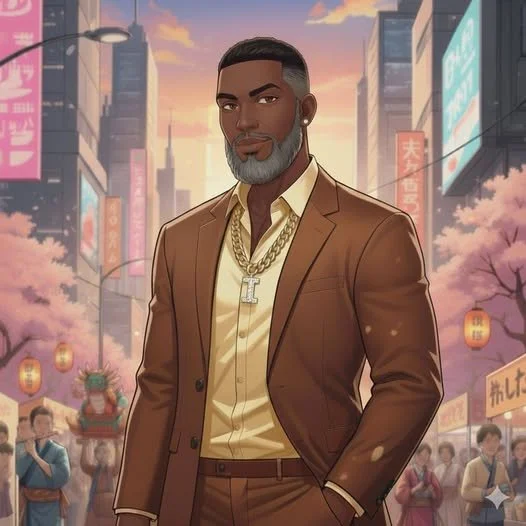 An animated portrait of a stylish man with a beard and short hair, wearing a brown suit, gold shirt, and gold chain, standing on a city street with cherry blossoms and city lights in the background.