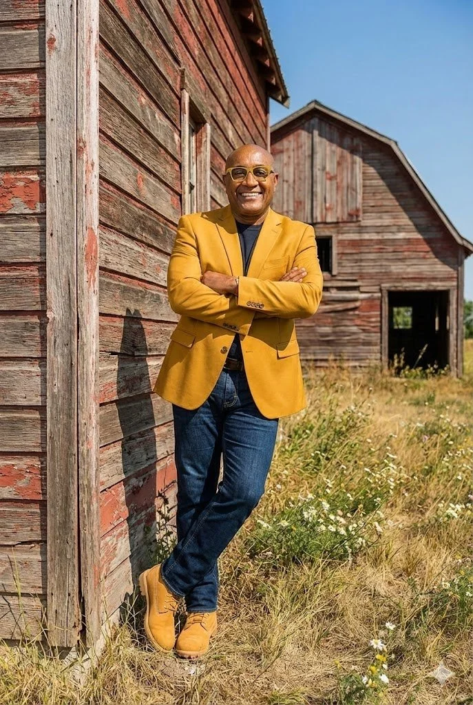 A smiling man wearing a yellow blazer, blue jeans, yellow shoes, and glasses standing outdoors against a weathered red barn with a clear blue sky.