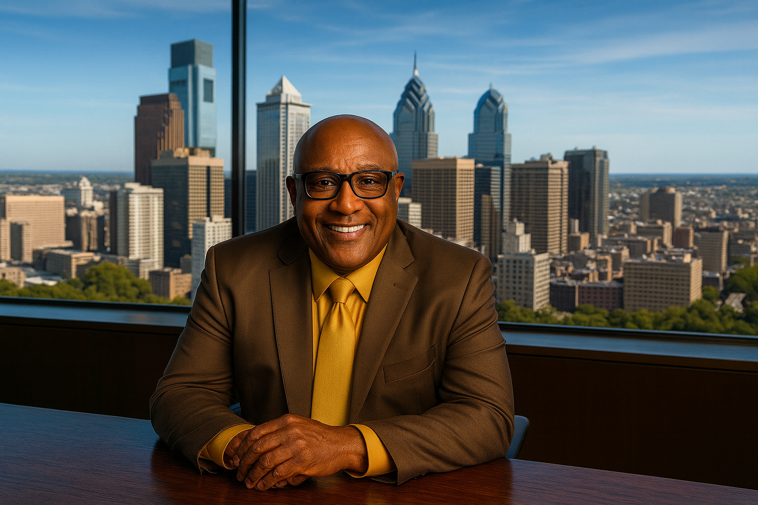 A smiling man in glasses wearing a brown suit and yellow tie sitting at a table in front of a large window with a city skyline in the background.