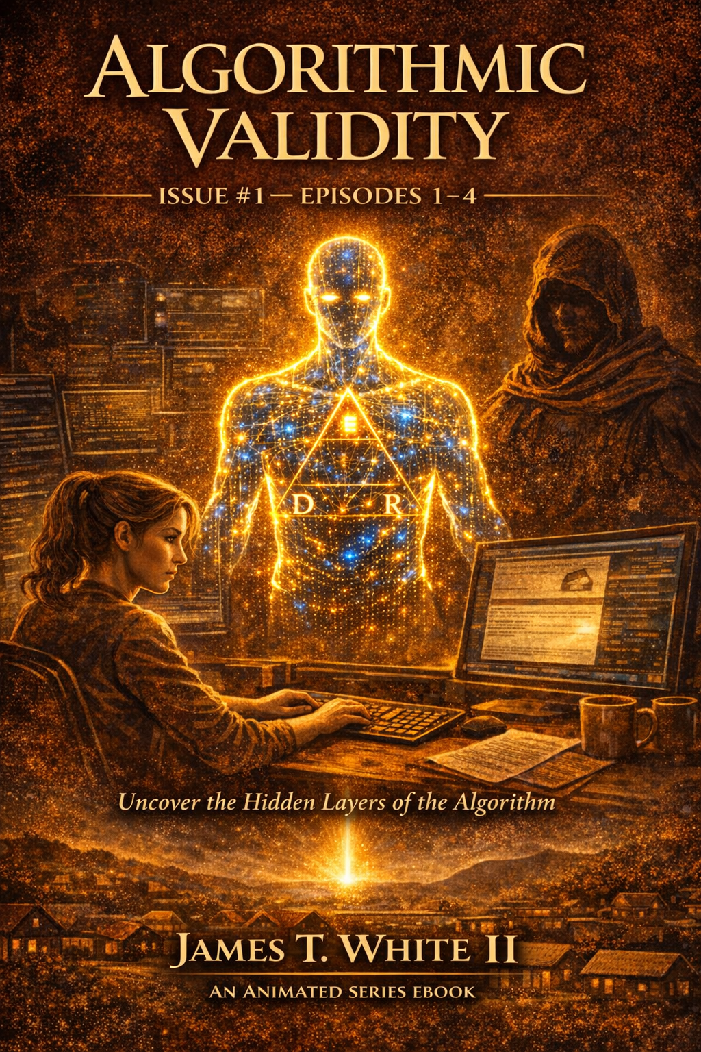 Book cover titled 'Algorithmic Validity' by James T. White II, featuring a woman at a computer, a glowing digital human figure with scientific symbols, and a background of a town and code snippets, with a tagline 'Uncover the Hidden Layers of the Algorithm'.