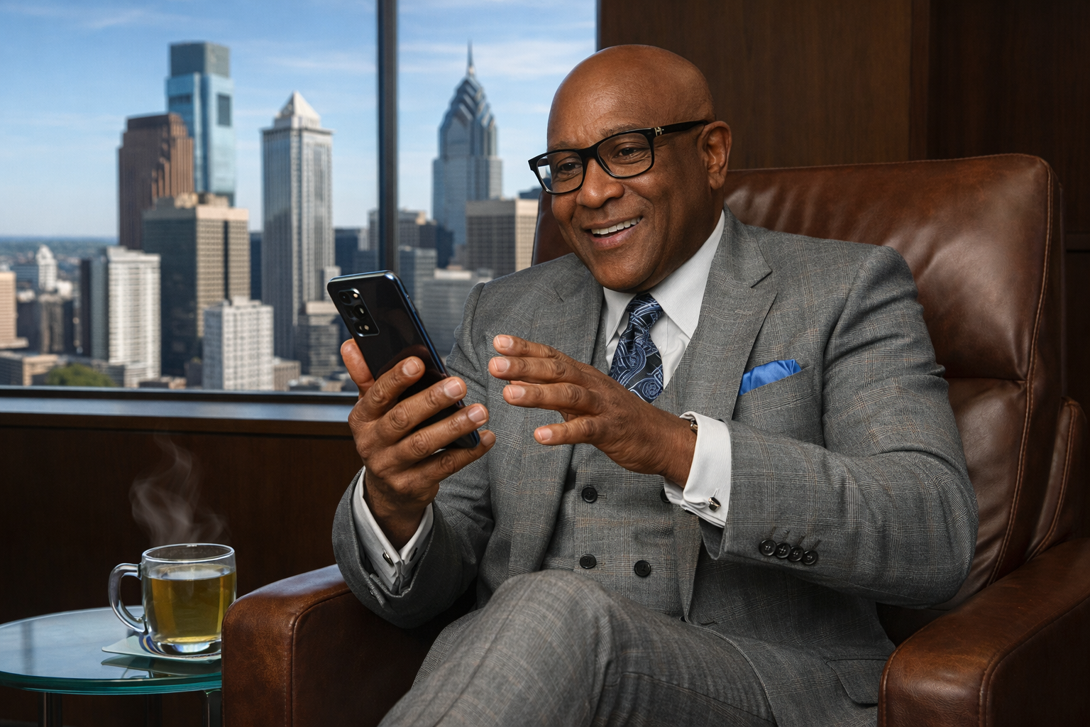 A smiling African American man in a gray suit, sitting in a leather chair in an office with a city skyline visible through large windows, holding a smartphone.