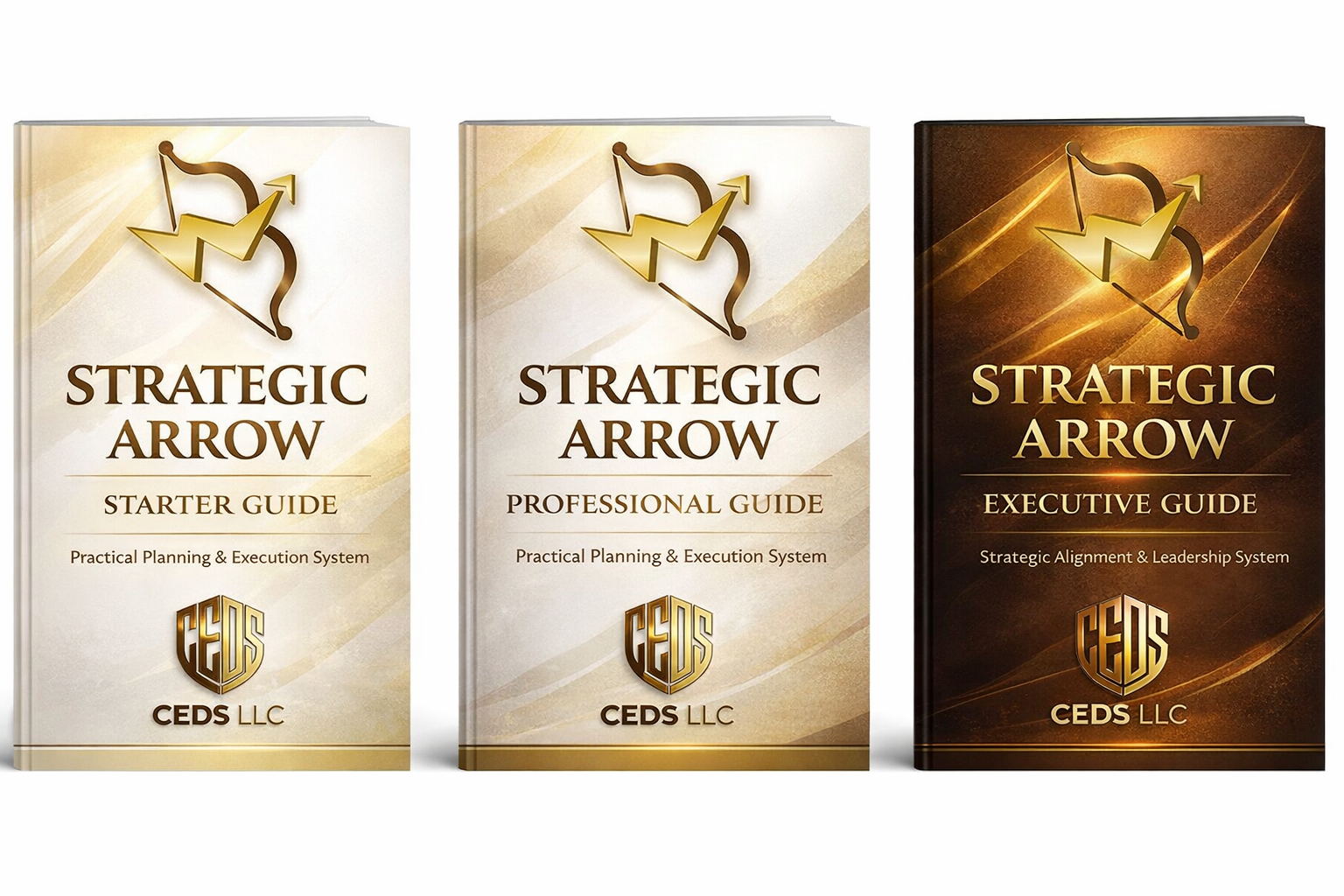 Three hardcover books titled 'Strategic Arrow' in different editions: Starter Guide, Professional Guide, and Executive Guide. They feature a gold arrow and arrow icon with a lightning bolt, with variations in background color and design.
