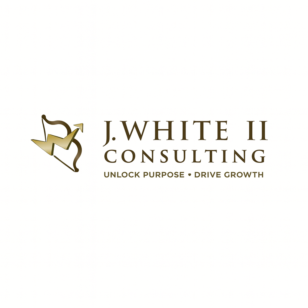 Logo of J. White II Consulting with a gold arrow and abstract figure, and text: 'J. White II Consulting, Unlock Purpose, Drive Growth'.
