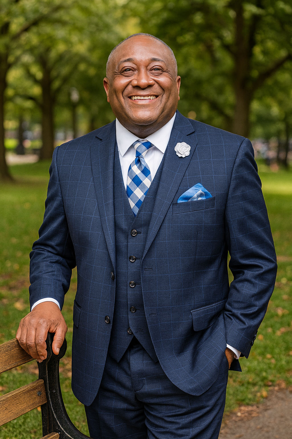 A smiling man in a navy blue checkered suit with a white shirt, blue and white checkered tie, and a matching pocket square, standing outdoors in a park with green trees in the background.