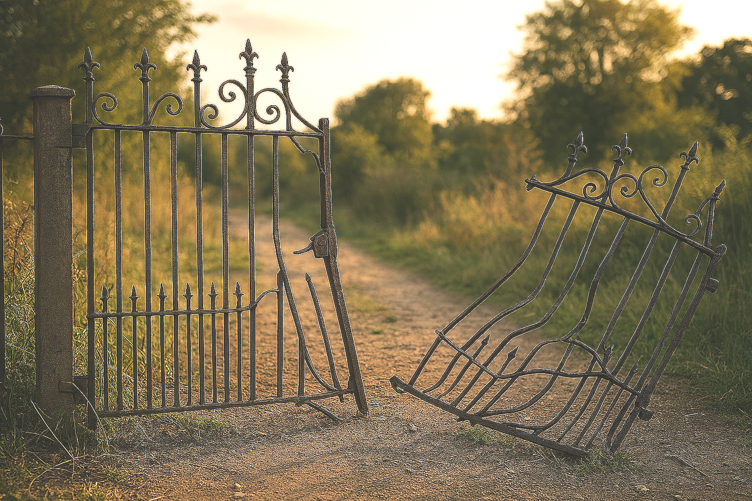 An iron gate on the left side that is open, with its right side gate fallen over and lying on the dirt path. The scene is outdoors during sunset or sunrise, with trees and greenery in the background.
