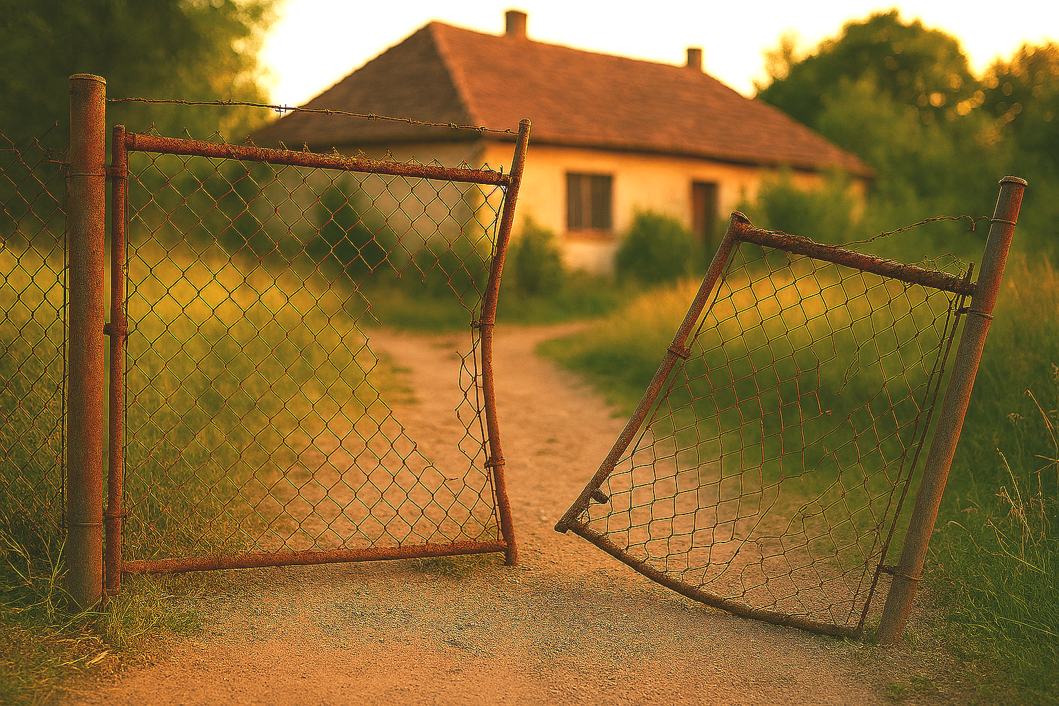 Broken, rusty metal gate halfway open on a dirt path leading to a house in the countryside at sunset.