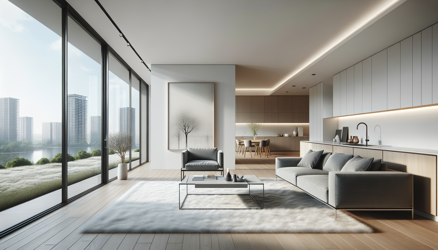 Modern open-concept living room and kitchen with large floor-to-ceiling windows, gray sofa, armchair, white rug, coffee table, and minimalist decor