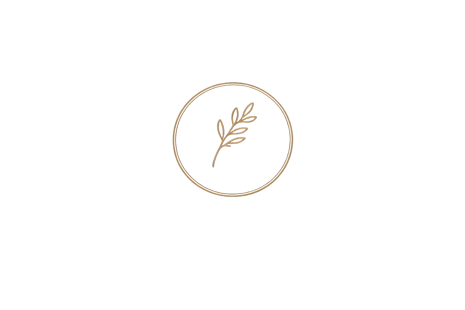 Minimalist logo with a thin gold circle and a simple gold line drawing of a leafy branch inside on a black background.