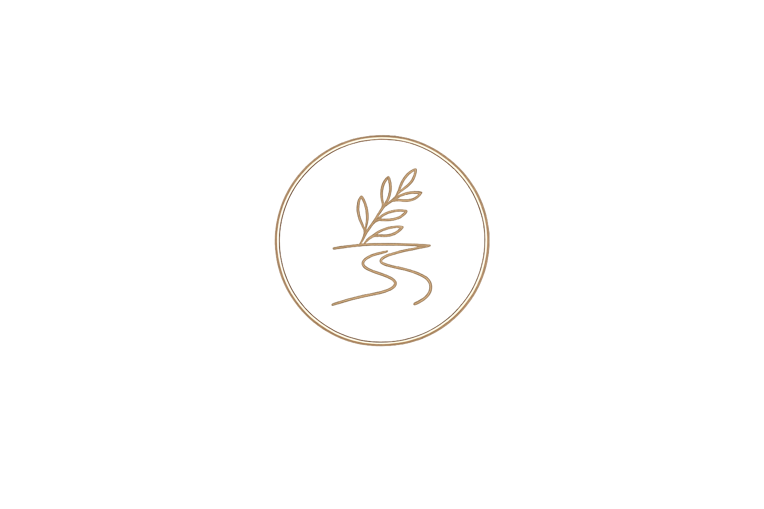 A minimalist logo with a circular outline, featuring a stylized branch with leaves and a winding river or path inside the circle.