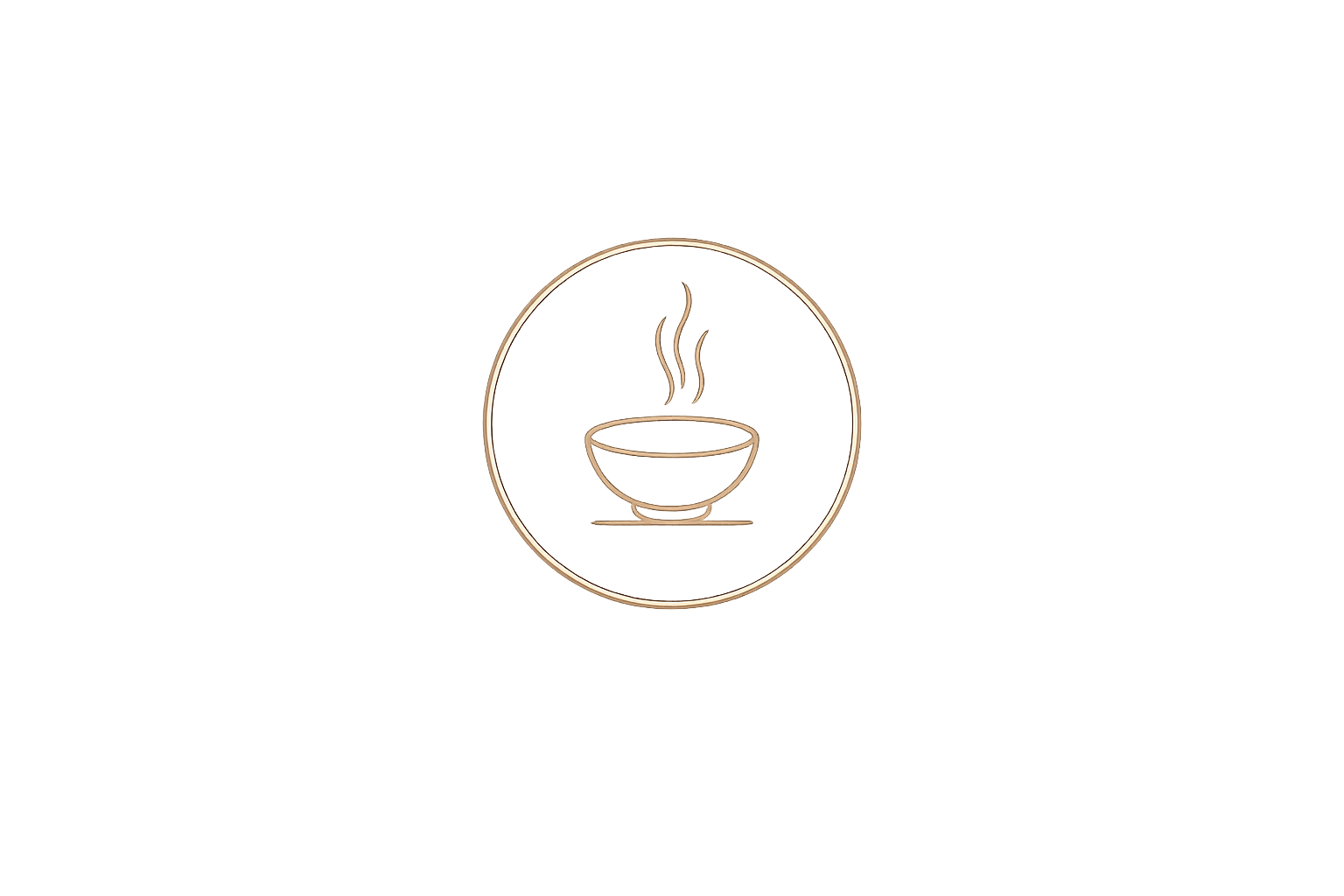 Neon sign of a steaming bowl inside a circle on a gray wall.