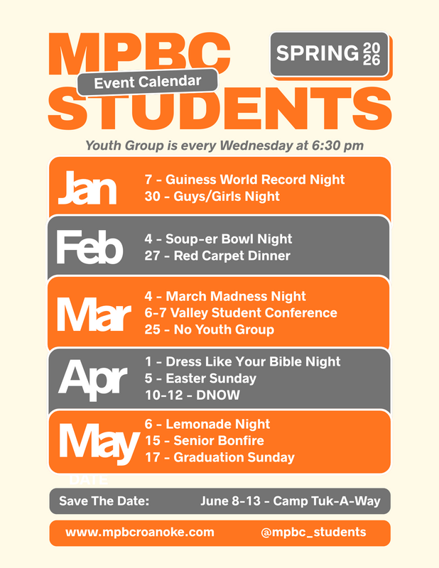 MPBC Students spring 2026 event calendar listing activities and dates from January to May, with details about youth group meetings, special themed nights, and a camp during June.