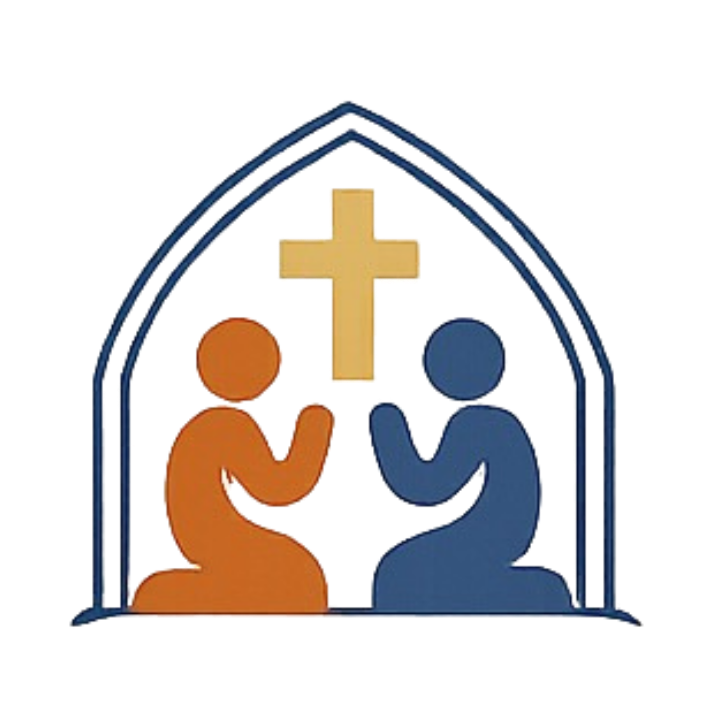 A logo featuring two stylized human figures, one orange and one blue, kneeling and praying. Behind them are a gold cross and a shield-like arch outline.